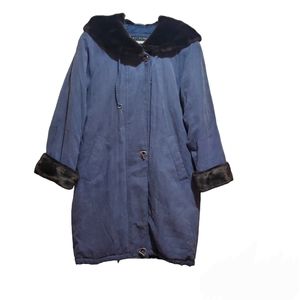 Fleet Street Women's Faux Fur Trim Hooded Long Blue Coat Size M
